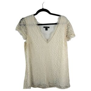 St. John Cream Lace Silk V Neck Short Sleeve Blouse Size 14